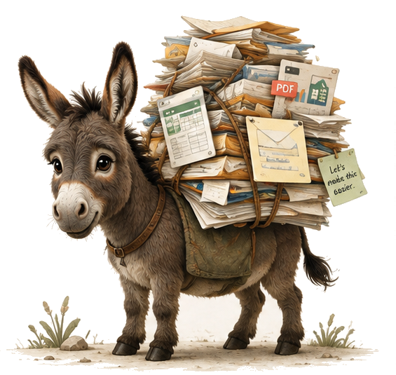 A small donkey calmly carrying an enormous, tidy stack of papers, spreadsheets, and folders